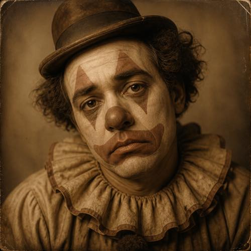 Clown makeup idea 28: Antique Sepia-Toned Clown costume look