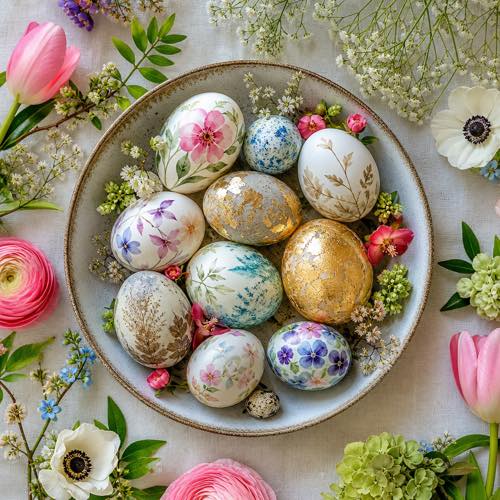 Overhead flat lay of an assortment of creatively decorated Easter eggs in a ceramic bowl
