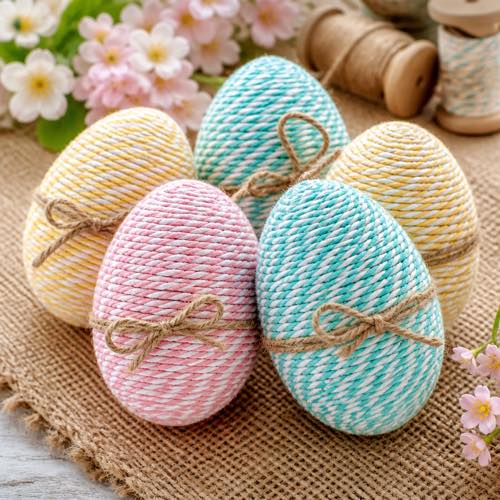 Egg decorating idea - Colorful Baker's Twine Wrapped Eggs