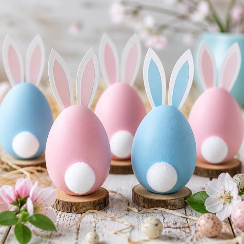 Egg decorating idea - Puffy Bunny Ears & Pom-Pom Tail Eggs