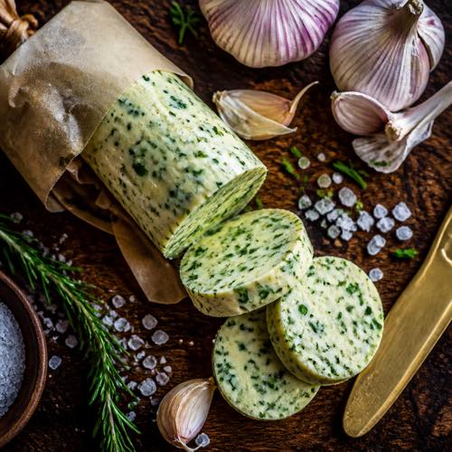 Overhead flat lay of garlic herb butter log in parchment with sliced medallions and whole garlic cloves