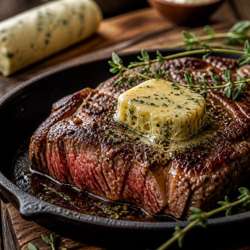 Thick pat of garlic herb butter melting over a charred grilled ribeye steak on a cast-iron skillet