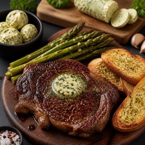 Dinner spread featuring a sizzling ribeye steak with melting herb butter medallion, garlic bread, and asparagus