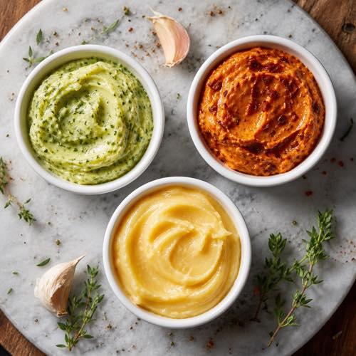 Three ramekins of compound butter varieties including garlic herb butter and chili butter