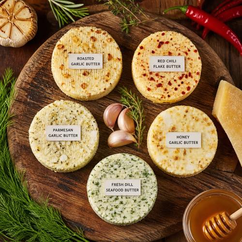 Five compound butter varieties arranged on a wooden platter including roasted garlic and dill seafood butter