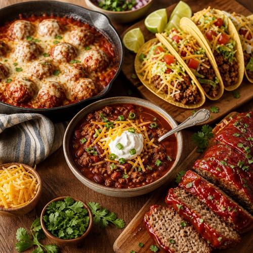 Warm overhead dinner table spread of easy ground beef dinner ideas including tacos, chili, meatloaf, and pasta