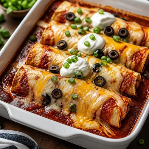 Baking dish of saucy beef enchiladas covered in red enchilada sauce, melted Mexican cheese, and olives