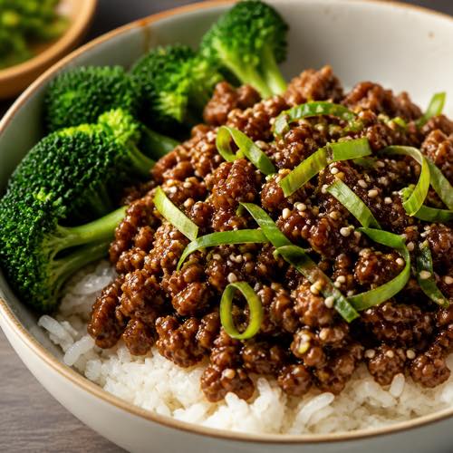 Korean ground beef bowl with sweet soy sesame glaze, steamed rice, broccoli, and green onions