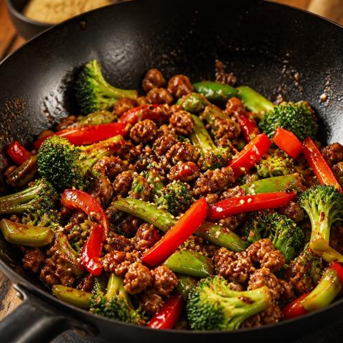 Sizzling wok of ground beef crumbles, crisp broccoli florets, and red bell peppers in soy glaze