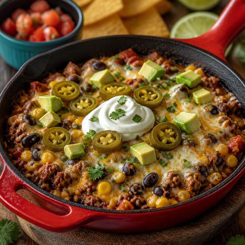 Loaded one-pan taco skillet with ground beef, black beans, corn, melted pepper jack, and avocado
