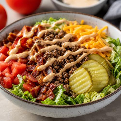 Low-carb bacon cheeseburger bowl with ground beef, bacon crumbles, cheddar, lettuce, and burger sauce