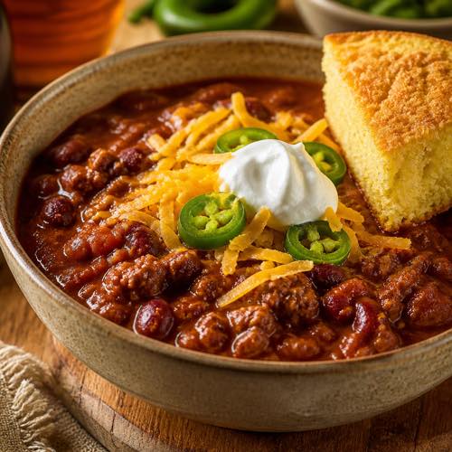 Cozy bowl of thick dark red beef chili topped with cheddar cheese, jalapeños, and sour cream
