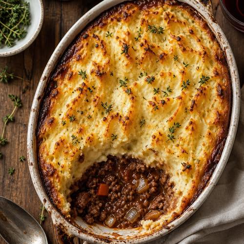 Baked cottage pie with golden mashed potato ridges and savory ground beef vegetable filling