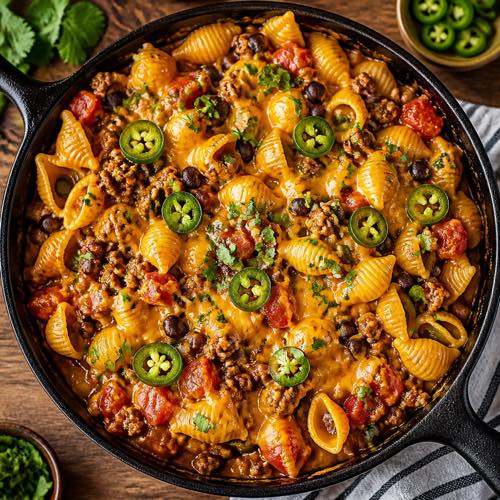 One-pot cheesy taco pasta skillet with seasoned ground beef, pasta shells, corn, and cilantro