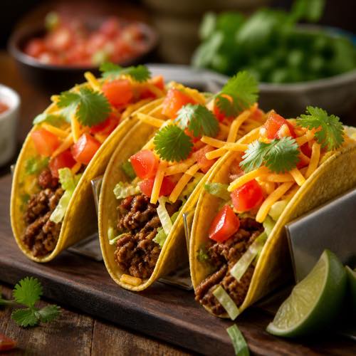 Three crispy yellow corn taco shells loaded with seasoned beef, lettuce, tomato, and cheddar cheese