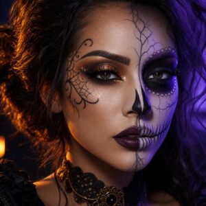 Creative Halloween makeup combining glam and spooky elements with half-glam smoky eye and half-skull skeleton motif