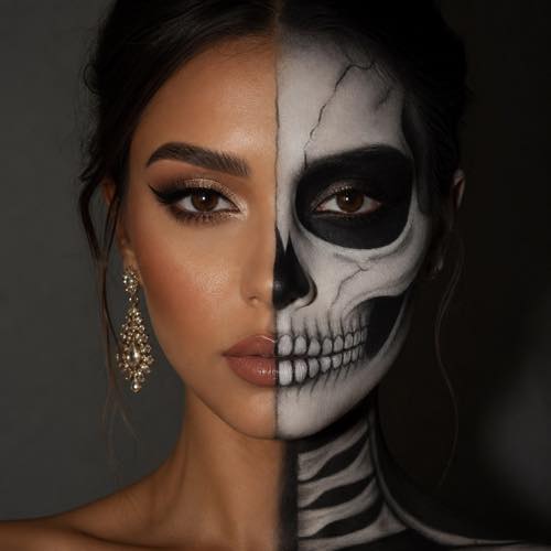 Halloween makeup idea 31: Split-Face Half-Glam, Half-Skull costume look