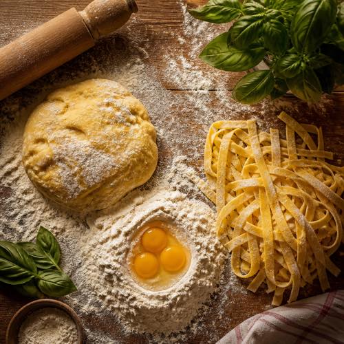Overhead flat lay of fresh homemade pasta dough, eggs in flour well, and tagliatelle ribbons on a wooden board
