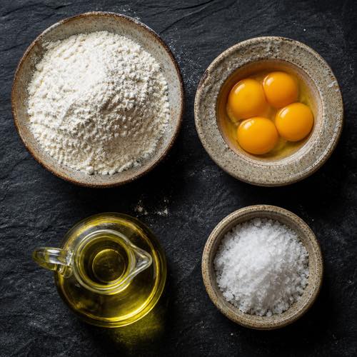 Italian Tipo 00 flour, vibrant golden eggs, olive oil, and sea salt in ceramic bowls