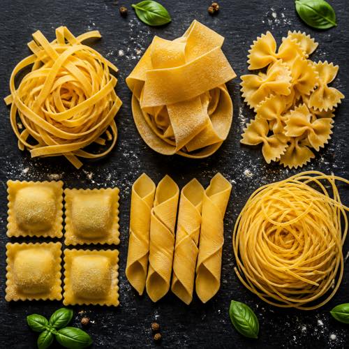 Assortment of handmade pasta shapes including fettuccine, pappardelle, ravioli, and farfalle