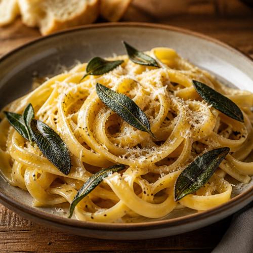 Fresh fettuccine pasta in browned butter with crispy sage and parmesan cheese