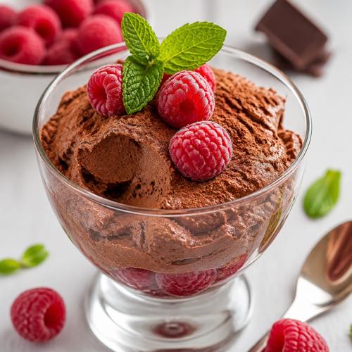 Dark chocolate raspberry jello mousse in a glass dessert cup dusted with cocoa