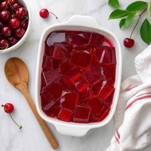 Translucent cherry-red gelatin squares in a white ceramic dish with fresh cherries