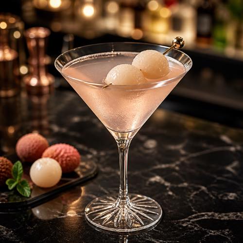 Chilled crystal martini glass with a pale blush lychee martini garnished with skewered lychee fruit