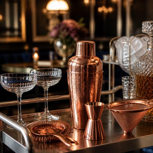 Cocktail shaker, jigger, Hawthorne strainer, fine mesh strainer, and coupe glasses
