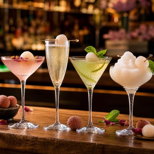 Assortment of four lychee martini variations including rose, sparkling prosecco, and frozen slushie