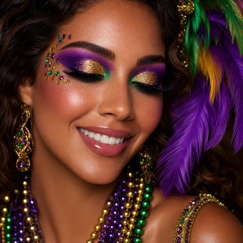 Vibrant Mardi Gras makeup featuring rich purple, emerald green, and radiant gold eye glam with sparkling face gems