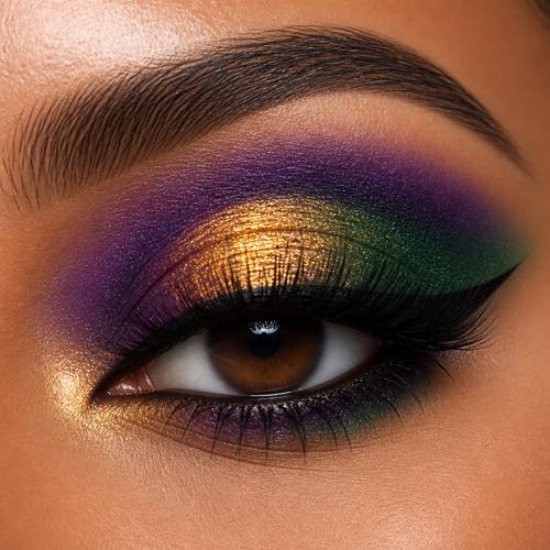 Mardi Gras makeup idea 1: Classic Purple, Green & Gold Smoky Eye with purple, green, and gold carnival styling
