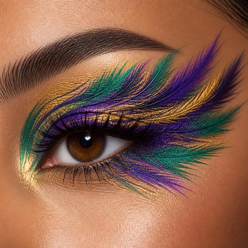 Mardi Gras makeup idea 10: Carnival Feather-Inspired Winged Liner with purple, green, and gold carnival styling