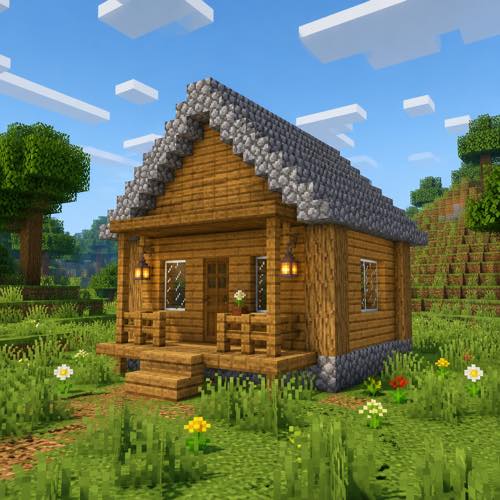 Minecraft house idea 1: Simple Wooden Starter House in blocky voxel architectural style