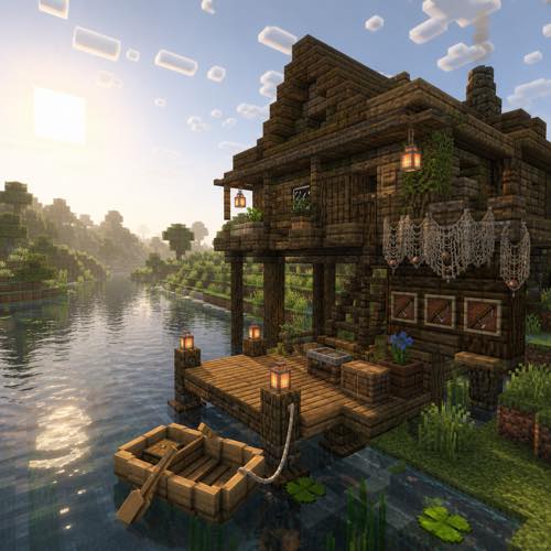 Minecraft house idea 10: Riverside Fishing Cabin in blocky voxel architectural style