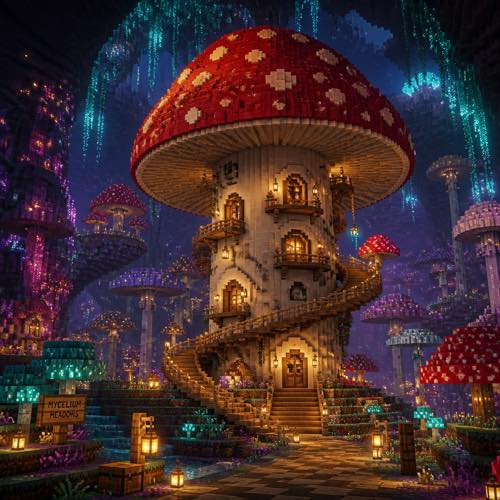 Minecraft house idea 12: Giant Red Mushroom House in blocky voxel architectural style