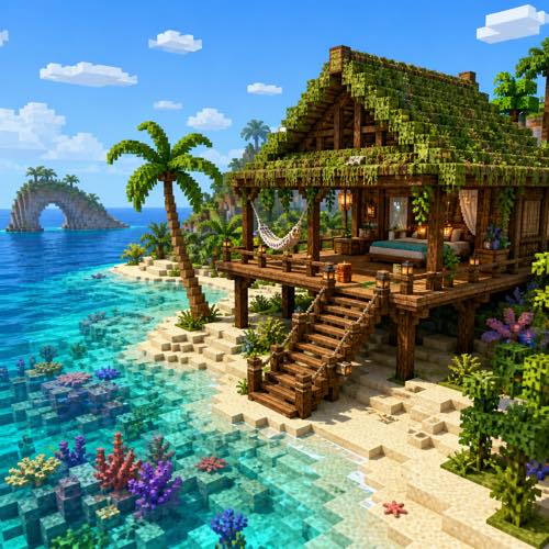 Minecraft house idea 13: Tropical Beach Bungalow in blocky voxel architectural style