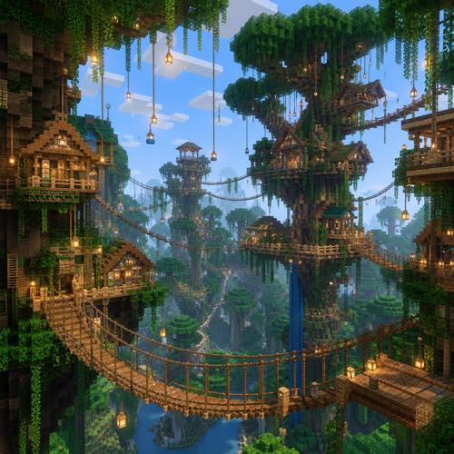 Minecraft house idea 14: Lush Jungle Canopy Treehouse in blocky voxel architectural style