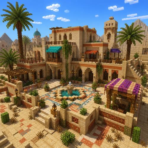 Minecraft house idea 15: Desert Sandstone Villa in blocky voxel architectural style