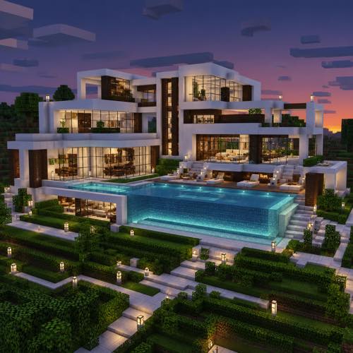 Minecraft house idea 16: Sleek Modern Concrete Mansion in blocky voxel architectural style