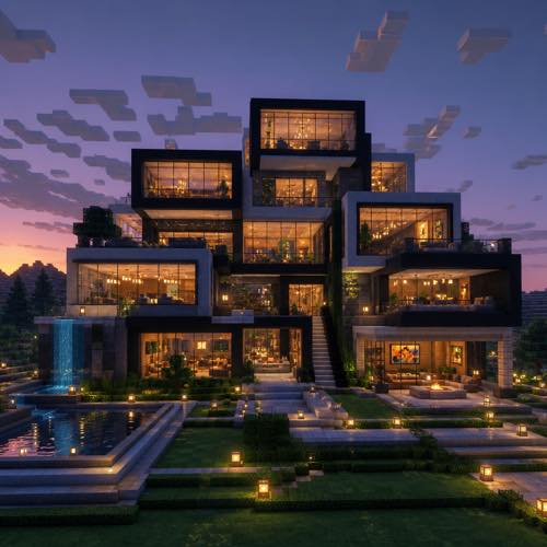 Minecraft house idea 17: Geometric Glass Cube House in blocky voxel architectural style
