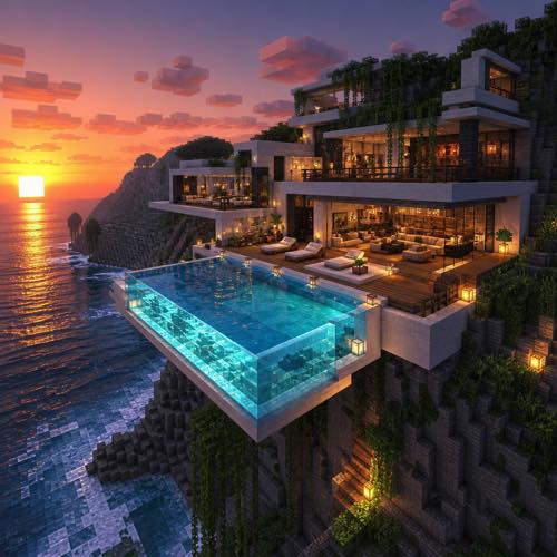 Minecraft house idea 19: Cliffside Luxury Villa with Pool in blocky voxel architectural style