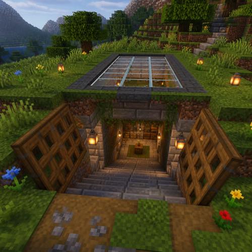 Minecraft house idea 2: Underground Dugout Shelter in blocky voxel architectural style