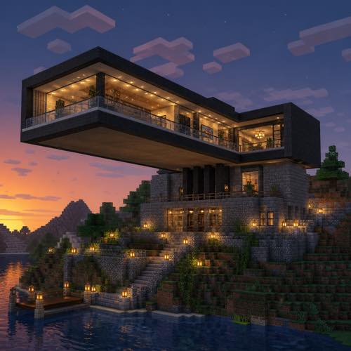 Minecraft house idea 20: Ultra-Modern Cantilever House in blocky voxel architectural style