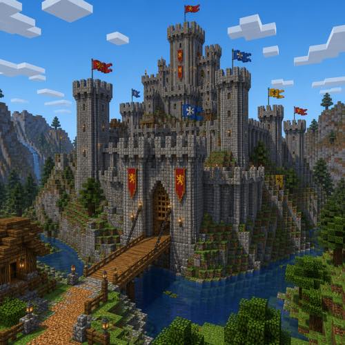 Minecraft house idea 21: Medieval Cobblestone Fortress in blocky voxel architectural style