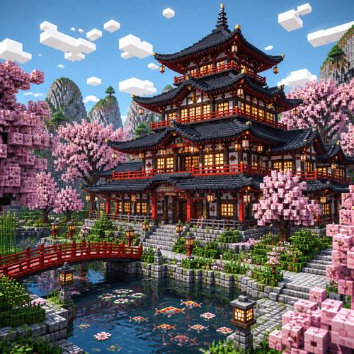 Minecraft house idea 23: Traditional Japanese Pagoda in blocky voxel architectural style