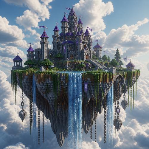 Minecraft house idea 24: Floating Sky Island Castle in blocky voxel architectural style