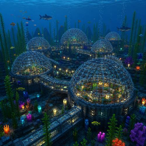 Minecraft house idea 26: Deep Ocean Underwater Dome Base in blocky voxel architectural style