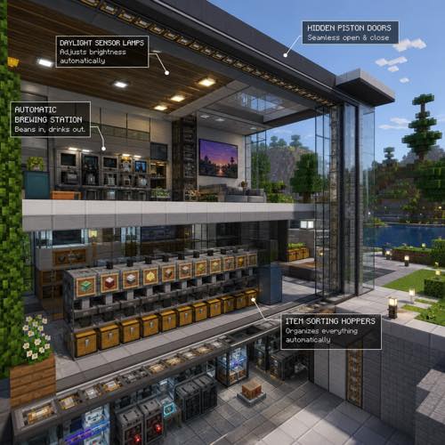 Minecraft house idea 27: Redstone-Automated Smart House in blocky voxel architectural style