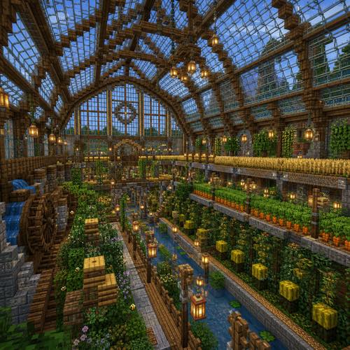 Minecraft house idea 28: Self-Sufficient Greenhouse Farm Base in blocky voxel architectural style